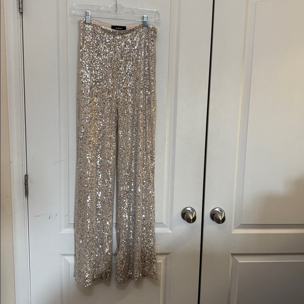Aakaa Sequence Long Dress Flared Pants Sz S Side Zip Lined NWOT